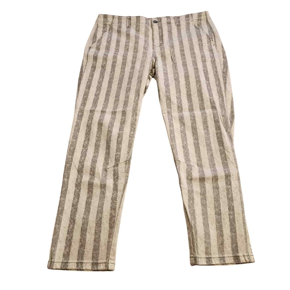 Free People Striped Utility Pants Cream Grey Straight Leg Sz 28 Articulated Knee